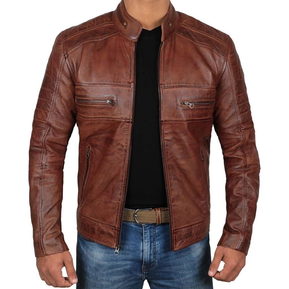 🆕Men’s Brown Decrum Real Lambskin Leather Jacket Cafe Racer Motorcycle